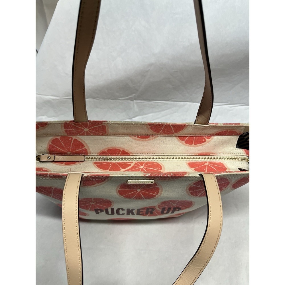 Kate Spade Flights Of Fancy Francis 'Pucker Up' Grapefruit Canvas Tote Purse Bag - Picture 5 of 11